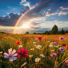 A field of wildflowers with a rainbow in the background