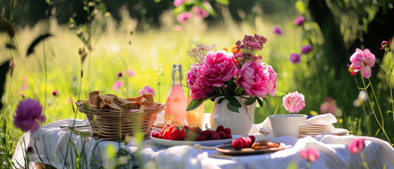 Brunch at blooming spring garden backyard. Served table decorated  peonies flowers with meal. Outdoors rest. Breakfast on the nature. Generative ai