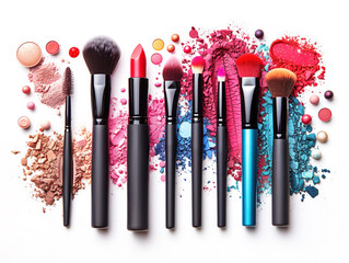 Top view of makeup accessories, brushes, eyeshadow, beauty makeup  and cosmetics on white background