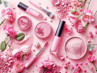 Top view of makeup accessories, brushes, eyeshadow, beauty makeup sponges, nail polish and lipstick with flowers on pink background.