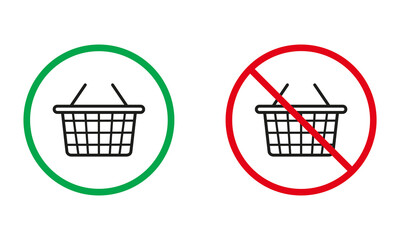 Shopping Cart Warning Signs. Trolley Basket Silhouette Icons Set. Online Market Allowed, Buy In Online Supermarket Prohibited Symbols. Isolated Vector Illustration