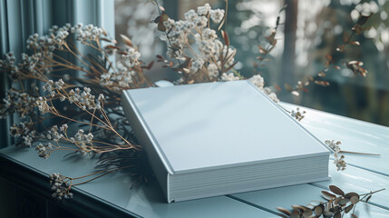realistic photography of a white soft-cover book on a table