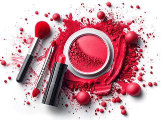 Top view of red color makeup accessories, brushes, eyeshadow, beauty makeup sponges, nail polish and lipstick on white background