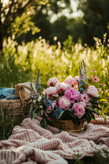Obraz premium Summer picnic. Linen tablecloth with pink peonies flowers. Top view, flat lay. Female romantic mockup. Relax leisure, rest. Generative ai