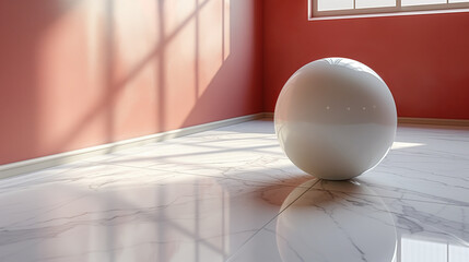 赤い壁の部屋に置かれた白い球体