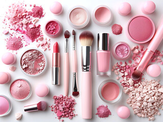 Top view of pink color makeup accessories, brushes, eyeshadow, beauty makeup sponges, nail polish and lipstick on white background.