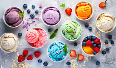 Ice cream assortment. Selection of colorful ice cream with berries and fruits on rustic table.