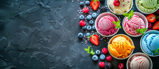Ice cream assortment. Selection of colorful ice cream with berries and fruits on dark rustic table