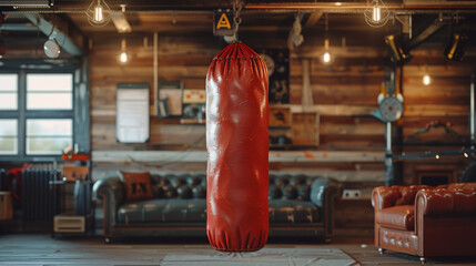 Red punching bag hanging in room
