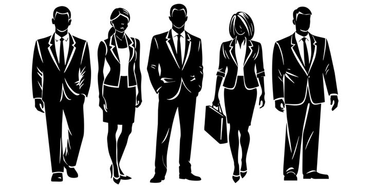 Male and female businessmen silhouettes, silhouettes of people in poses. Vector, black and white illustration.