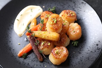 Delicious fried scallops with carrot and spices on dark gray plate, closeup