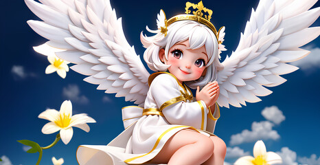 天使の女の子、３Dイラスト｜Praying angel girl, 3D illustration.