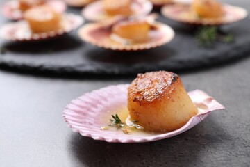Delicious fried scallop in shell on grey table, closeup. Space for text