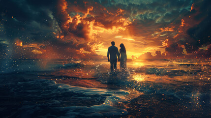 Romance, couple at sunset