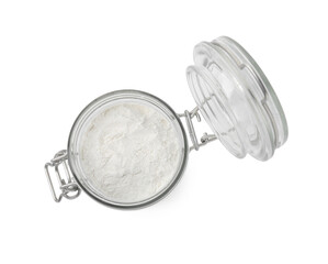 Baking powder in glass jar isolated on white, top view