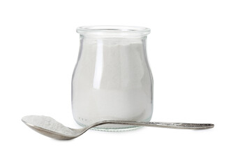Baking powder in glass jar and spoon isolated on white