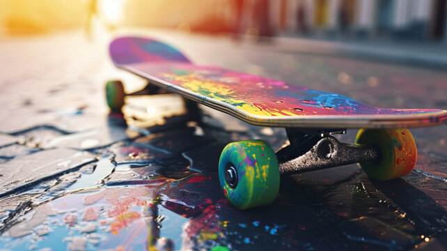 An artful skateboard merges with the street, a symbol of vibrant AI generative culture.