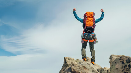 climber with backpack reaching the summit, hands raised in triumph