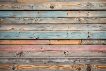 Aged pastel wooden planks with a mix of natural, blue, and orange tones, a rustic yet colorful...