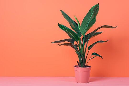 A potted plant sits in a white ceramic pot. The plant is green and he is a palm tree. Banner in a pink orange background