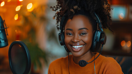beautiful african american young woman making podcast,ai generated