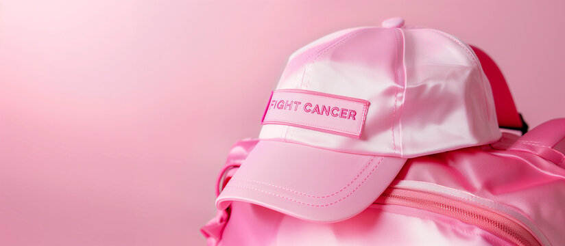 Pink Cap with Fight Cancer quote on top gym backpack for breast oncology charity fundraiser fun run health awareness womens health lifestyle event hat survive chemo exercise motivation ad copy space