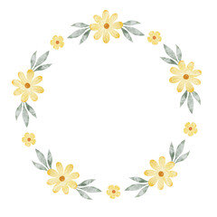 Yellow wildflowers. Round wreath of simple flowers. Watercolor isolated illustration. Frame for design of postcards for Easter, birthday, International Women's Day
