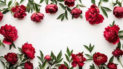Flat lay of red peony flowers on white background