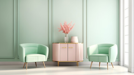 Elegant Minimalist Interior Design with Pastel Green Armchairs and Pink Cabinet