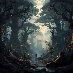 A mysterious forest with fog and hidden creatures. - obrazy, fototapety, plakaty