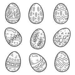 Set Easter eggs with a pattern sketch. Holiday symbol. Hand drawn vector illustration.