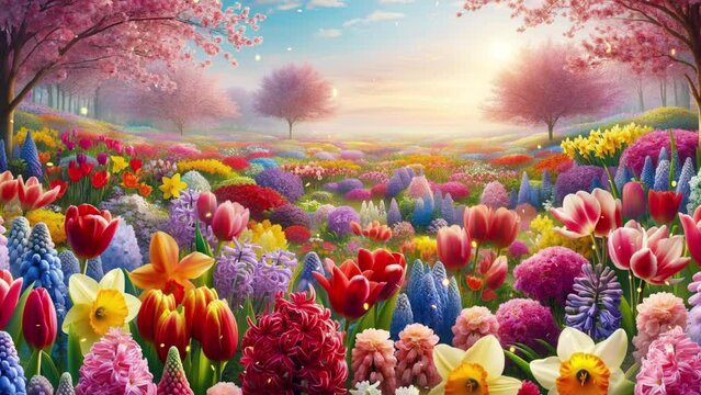 Background with colored flowers on the field and trees.