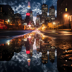 A reflection of city lights in a rain puddle. 