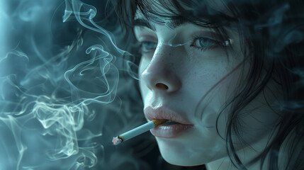 Obraz premium asian girl smoking. Smoke on background