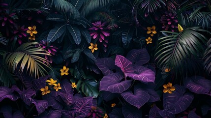 lush forest with abundant purple leaves and yellow flowers that stand out against the dark sky