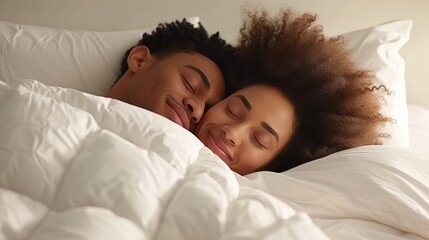 Blissful african american couple, both 20, sleeping on white bed in white clothes
