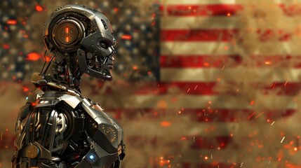 Future military USA Robotic Soldier army, Idenpendece day 4 july, american flag background