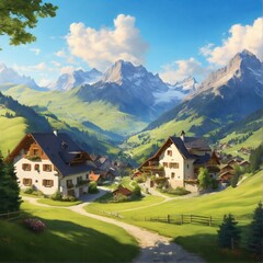 German Alps in Bavaria, Europe, picturesque scene with sunny hills, forests, alpine villages.