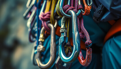 Array of essential climbing tools - carabiners - quickdraws - slings - attached to a climber's harness - ready for ascent challenges - wide format - obrazy, fototapety, plakaty