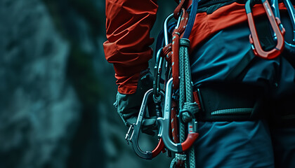 Carabiners, quickdraws, and slings hanging from a climber's harness -wide format