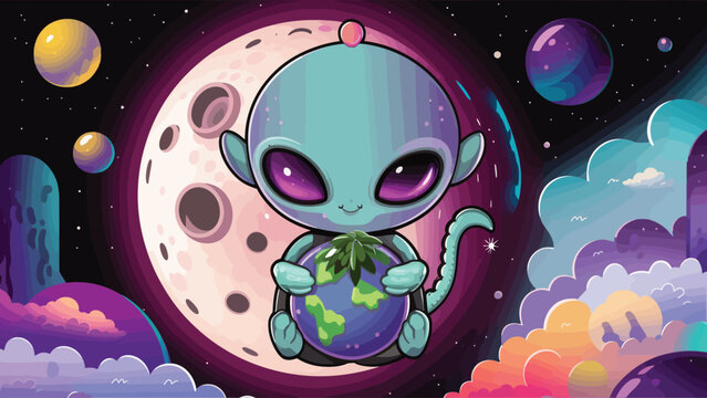 2d vector illustration chibi cute alien, holding sphere earth plant , full body , clean shape and line, white background, random moon background
