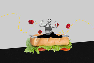 Composite creative art collage of cheerful funny girl do stretching twine body positive belly...