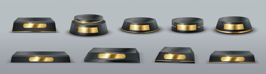 Award trophy podiums with golden tag realistic vector illustration set. Pedestals for winner prizes 3d models on light background collection