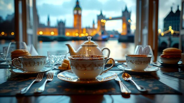 Tea on restaurant table with city view in England. seamless looping 4k time-lapse video background