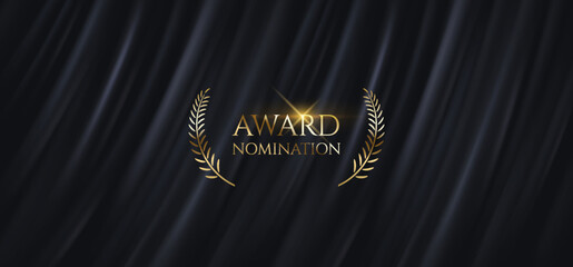 Golden text Award nomination with laurel branches realistic vector illustration. Victory in business and art contests symbol on black curtain background