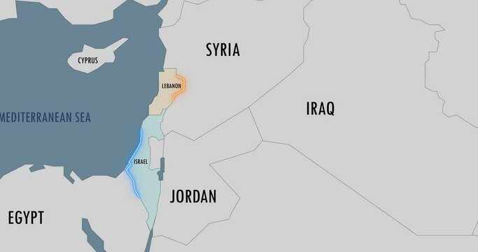 Map of the middle east. Israel and Lebanon borders. Possible conflict.
