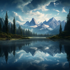 Fototapeta na wymiar A serene lake with a reflection of mountains.