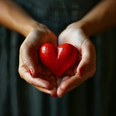 Fototapeta premium Small Red Heart in Woman's Hands Giving Gesture