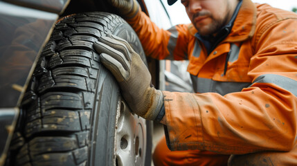 Technician man replacing a tire for safety road trip