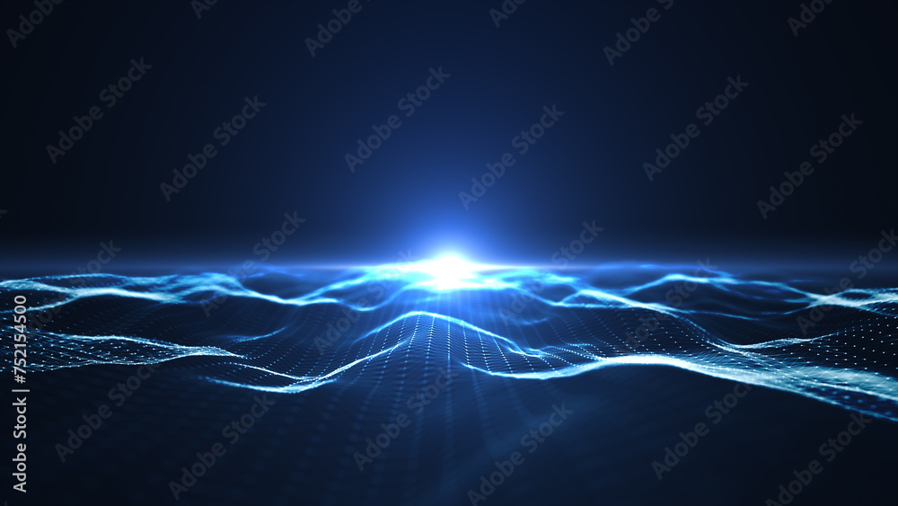 Poster Abstract concepts internet network connection with polygons, dots and lines with dark blue background, center focus. 3d rendering.